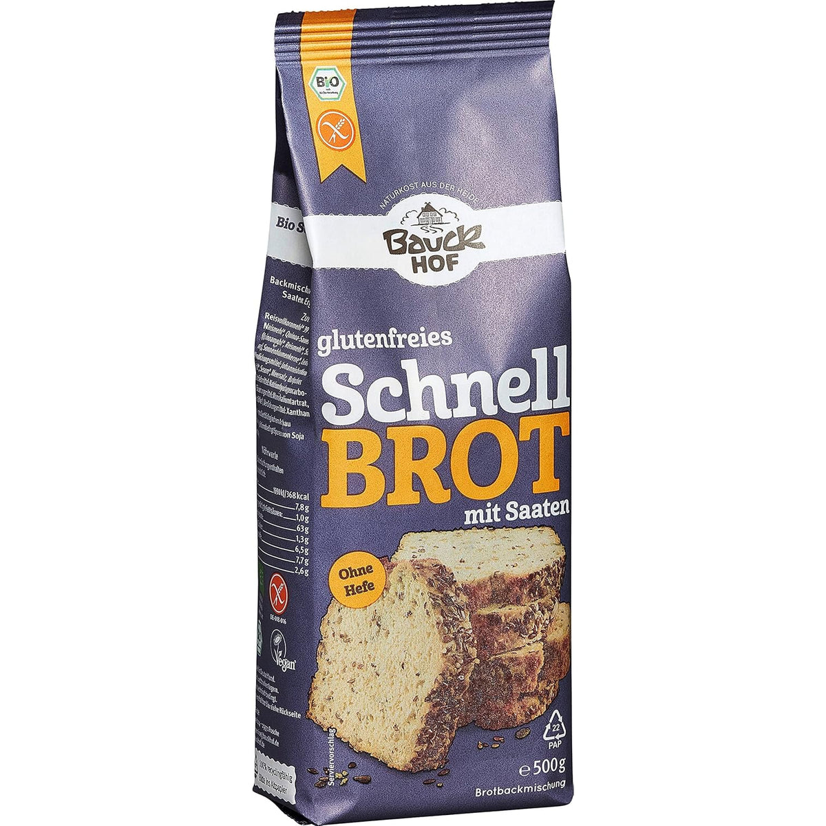 bauckhof schnellbrot backmischung glutenfrei 500g in lila verpackung, leicht seitliche ansicht, ohne weitere gegenstände oder brot im bild.