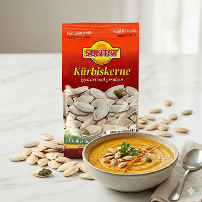 Geröstete, gesalzene Kürbiskerne von Suntat, Snack im 2x200g Pack, knackig und aromatisch in einer ansprechenden Verpackung.