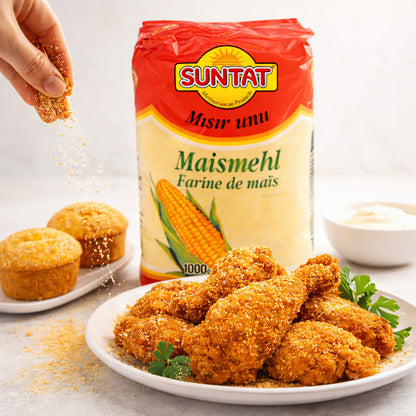 SUNTAT Maismehl Vorrat, 5x1 kg, für Kochen, in offenen Vorratsbehältern, gelbe Maismehl-Boxen, natürliche Textur sichtbar