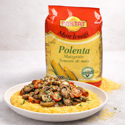 Vorratsbehälter mit 5 kg SUNTAT Maisgrieß, glutenfreies Superfood in einem transparenten Behälter.