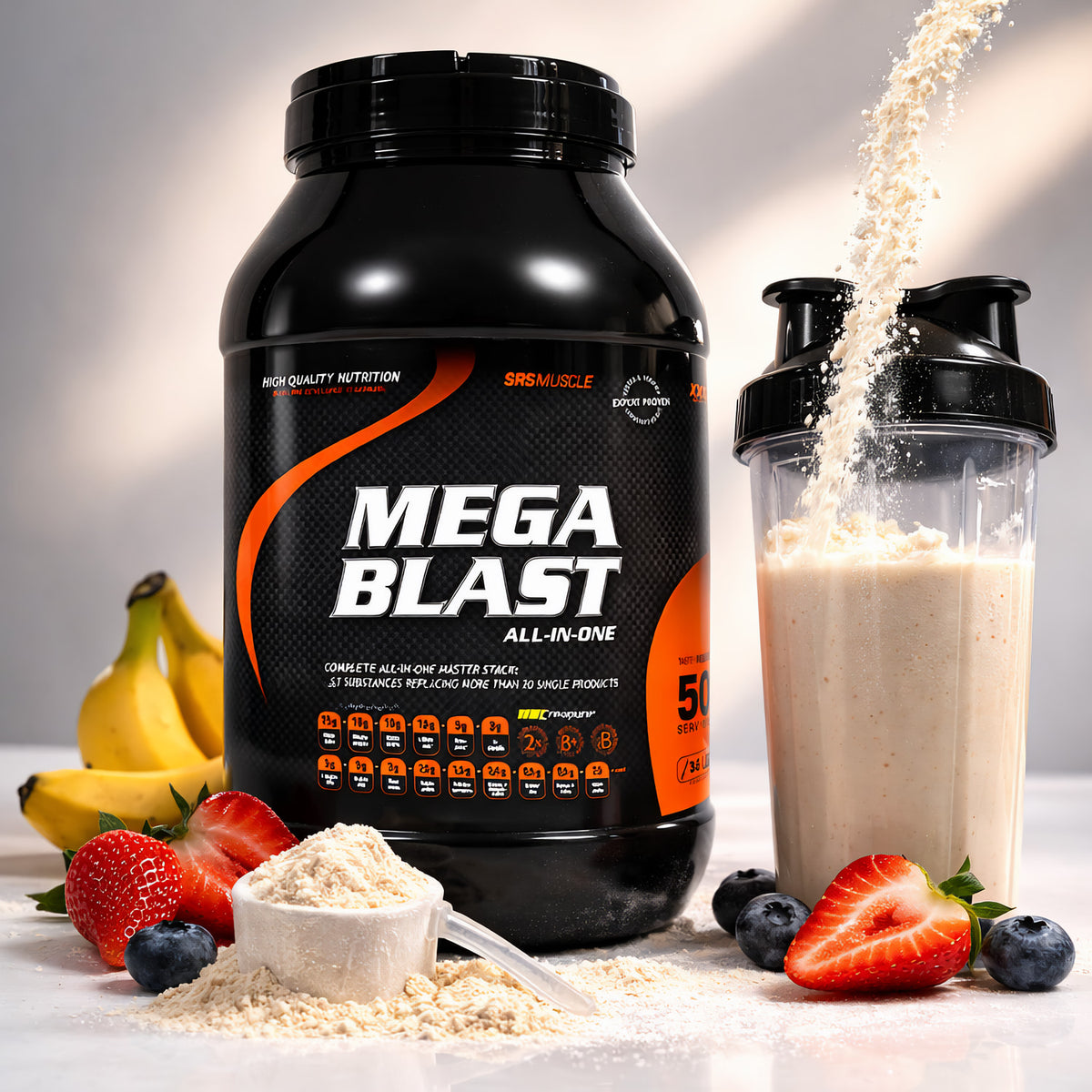 Mega Blast Protein Shake Dose mit Pulver, Messlöffel, frischen Beeren, Banane und gefülltem Shaker, Pulver wird in den Shake geschüttet.