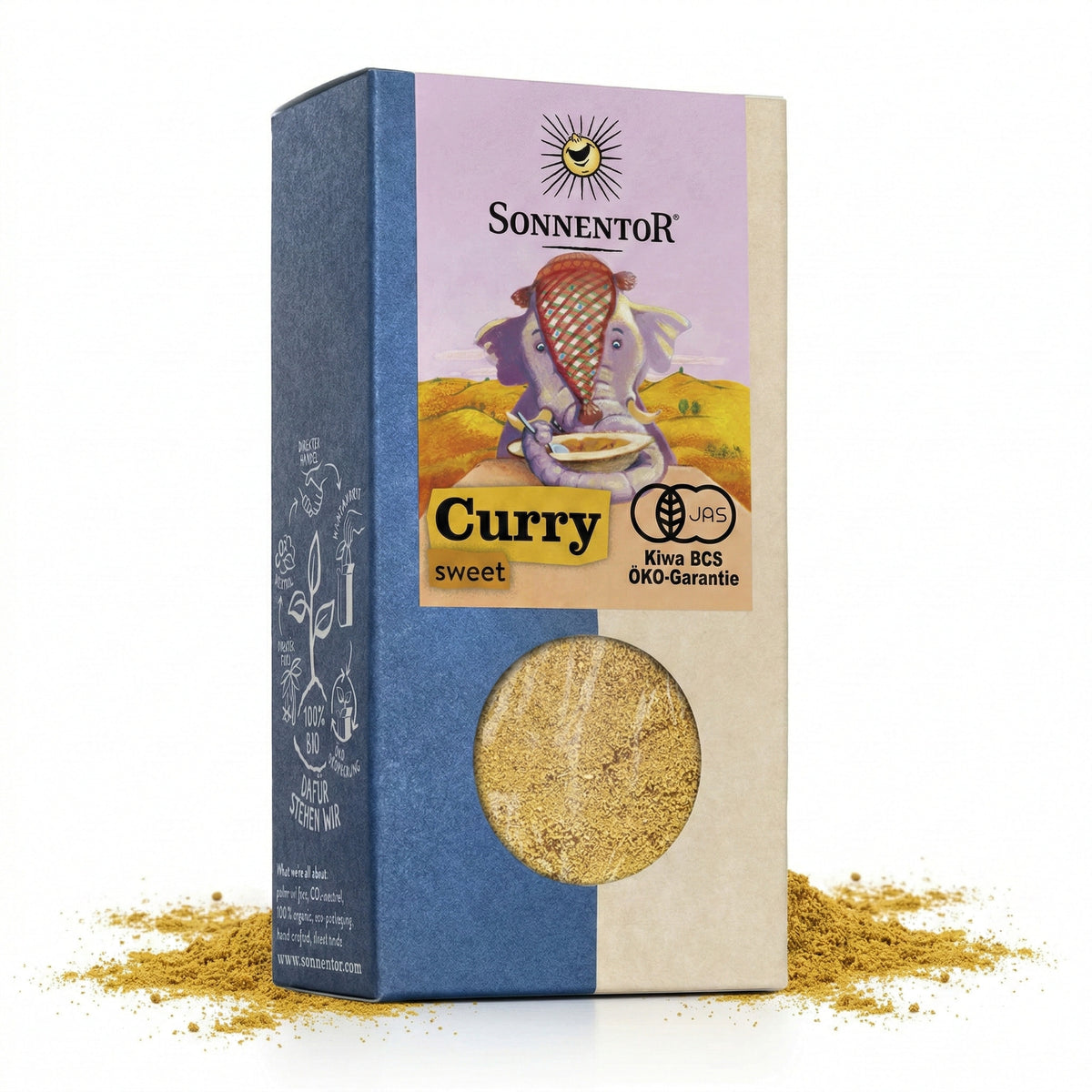 Packung Sonnentor Curry süß 2x50g mit Sichtfenster, Gewürzpulver und verstreutem Curry auf weißem Hintergrund.