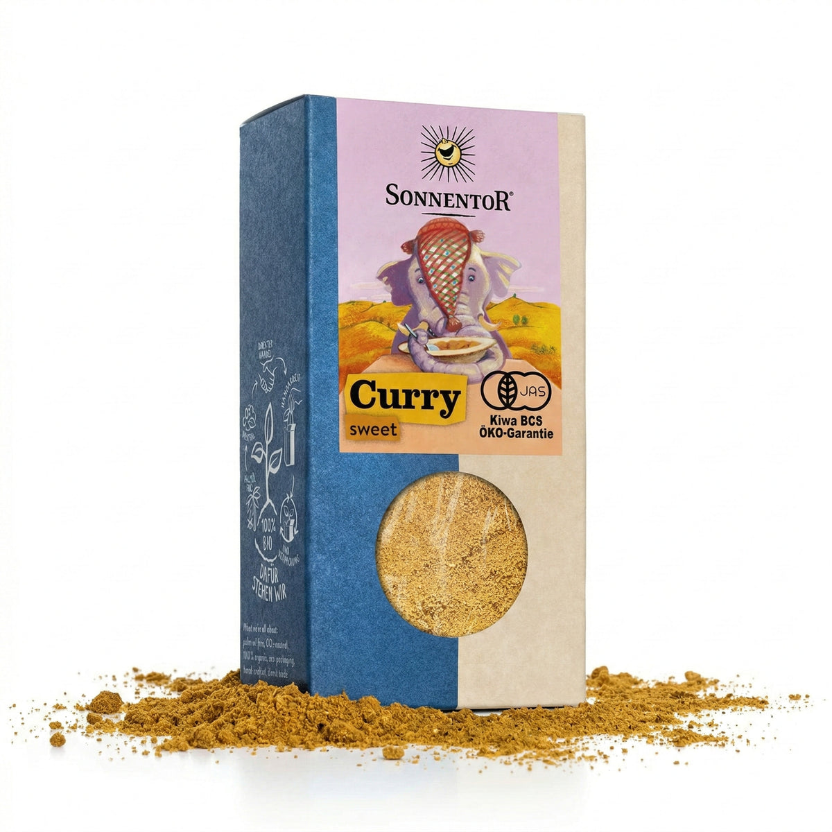 Bio Curry süß von Sonnentor, 6 Packungen à 50g, aromatisches Gewürz für die Küche, in einer offenen Gewürzdose.