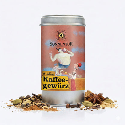 Sonnentor Aladins Kaffeegewürz Dose mit gemischten Gewürzen wie Kardamom, Sternanis und Nelken auf weißem Hintergrund.
