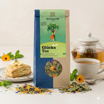 Sonnentor Glücks Kräutertee lose vor Teekanne, Tasse und Gebäck, umgeben von Kräutern und Blüten.