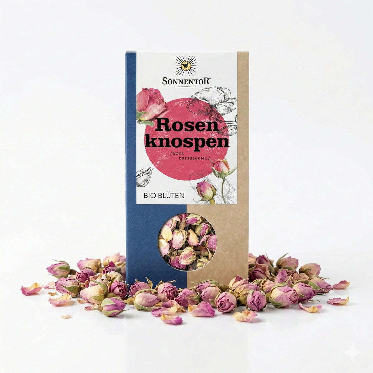 Packung Sonnentor Bio Rosenknospen lose, umgeben von getrockneten rosenknospen auf weißem Untergrund.
