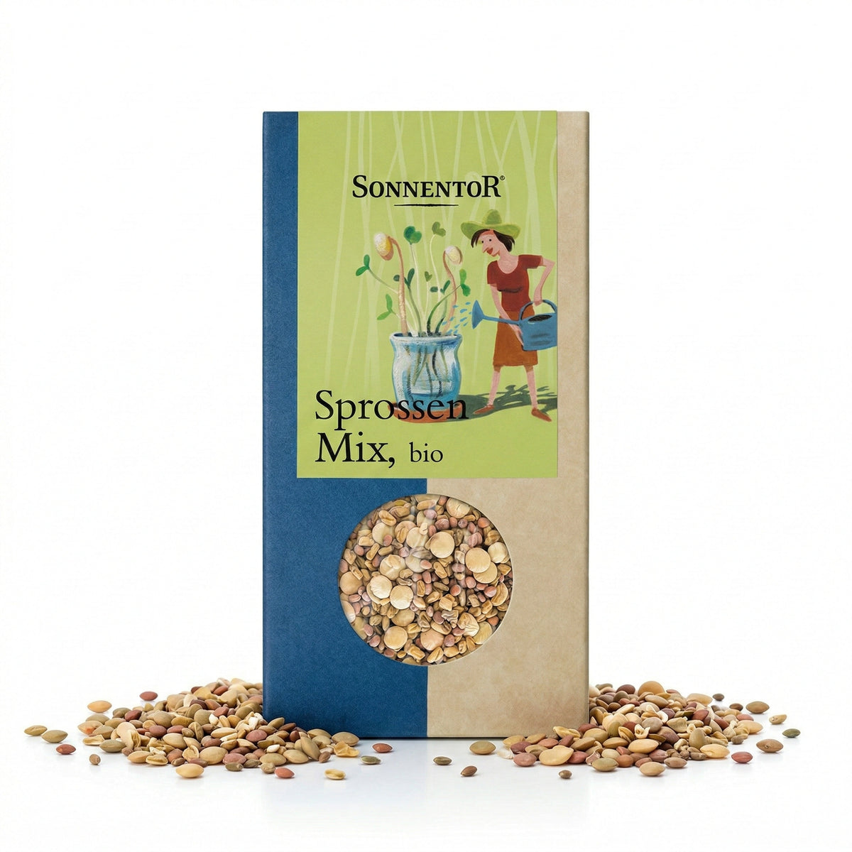 Packung Sonnentor Bio Sprossen-Mix 2x120g mit Sichtfenster und verstreuten Sprossen-Saaten auf weißem Hintergrund.