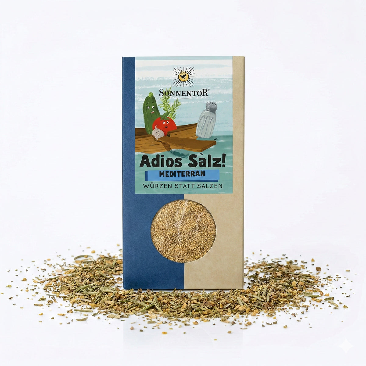 Packung Sonnentor Mediterrane Gemüsemischung Adios Salz! mit Sichtfenster, umgeben von verstreuten Bio-Gewürzen auf weißem Hintergrund.