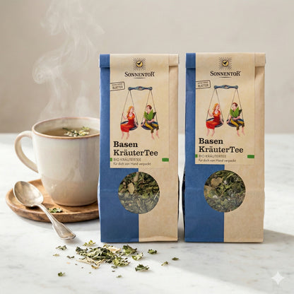 Zwei Packungen Sonnentor Basen Kräutertee lose 2x50g neben einer dampfenden Tasse Tee und einem Löffel auf einem Holzuntersetzer, Kräuter auf dem Tisch verstreut.