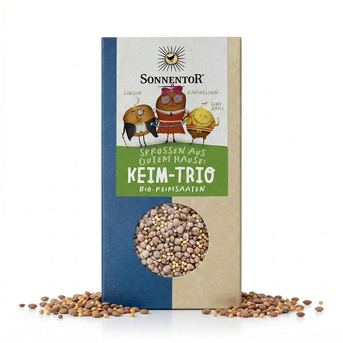 Packung Sonnentor Bio Keim-Trio 120g mit Sichtfenster, aus dem verschiedene Keimsaaten auf weißem Untergrund herausfallen.