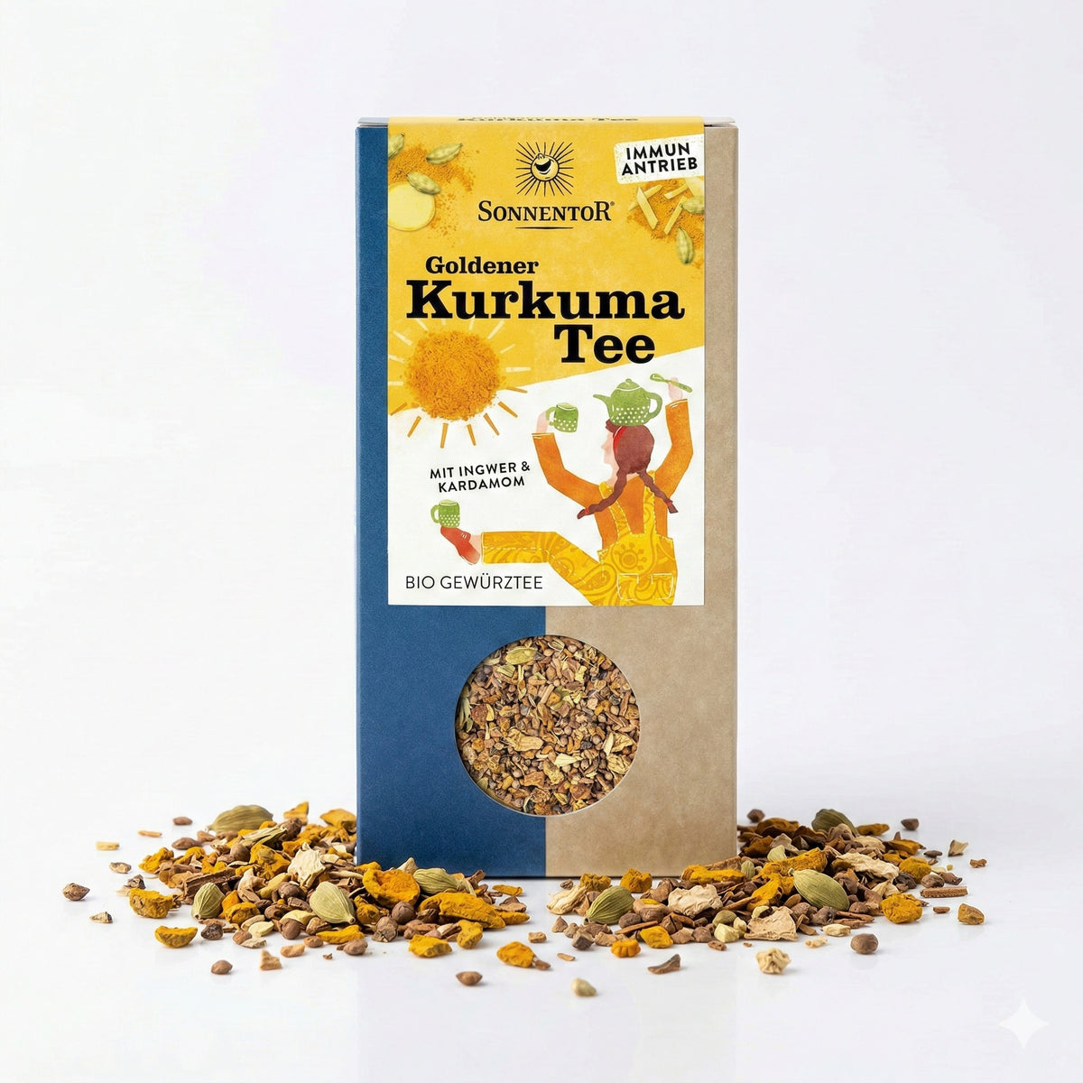 Packung Sonnentor Goldener Kurkuma Tee lose 120g, umgeben von losem Kräutertee auf weißem Hintergrund.