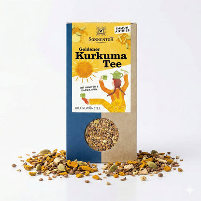 Packung Sonnentor Goldener Kurkuma Tee lose 120g, umgeben von losem Kräutertee auf weißem Hintergrund.