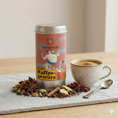 Sonnentor Aladins Kaffeegewürz 2x35g auf einer Steinplatte mit Gewürzen, daneben eine Tasse Kaffee und ein Löffel, im Hintergrund ein heller Tisch.