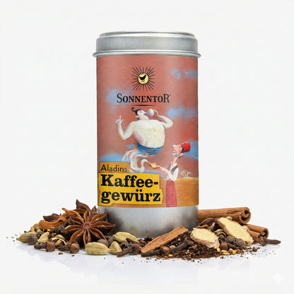 Sonnentor Aladins Kaffeegewürz Vorratsdose mit Gewürzen wie Zimt, Sternanis und Kardamom auf weißem Hintergrund, Produkt im Fokus.