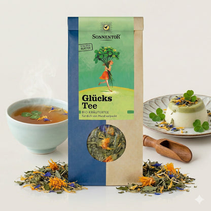 Sonnentor Glückstee lose 2x50g mit dampfender Tasse Kräutertee, Kräutermischung, Holzlöffel und Dessert auf hellem Untergrund.