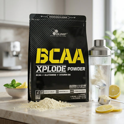 Olimp BCAA Xplode Pulver 1000g Beutel, braune BCAA-Tabletten in einem transparenten Beutel, Sportnahrung für Muskelaufbau