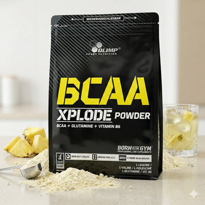 Olimp BCAA Xplode Pulver 1000g Beutel, braune BCAA-Pulverdose mit Pulver für Muskelaufbau und Regeneration, von Olimp.