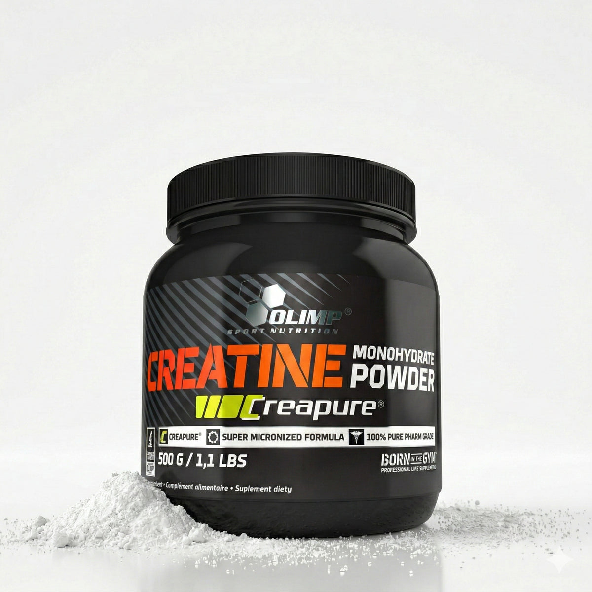Olimp Creapure® Creatin Monohydrat Pulver in 500g Dose, weißes Pulver für Muskelaufbau, sichtbar in der Dose