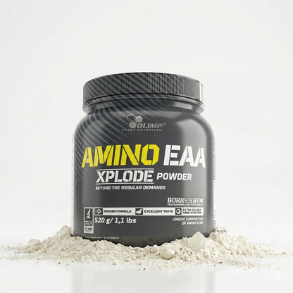 Olimp Amino EAA Xplode Pulver in 520 g Dose, zeigt das Produkt in einer transparenten Verpackung mit Pulver.