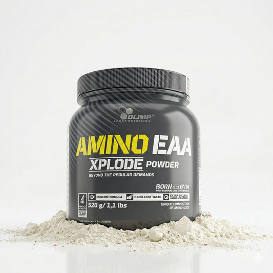 Olimp Amino EAA Xplode Pulver in 520 g Dose, zeigt das Produkt in einer transparenten Verpackung mit Pulver.