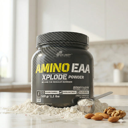 Olimp Amino EAA Xplode Pulver in 520 g Dose, sichtbarer Behälter mit Pulver, für Muskelaufbau und Erholung
