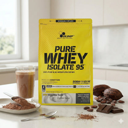Olimp Whey Isolate 95 Protein in 600g, verschiedene Geschmäcker, ideal für Muskelaufbau, zeigt die Verpackung und Geschmacksvielfalt