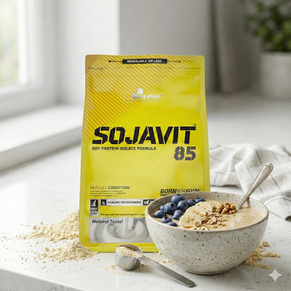 Veganes Olimp Sojavit Soja Protein Eiweiß in 700g Dose, zeigt das Produkt in einer weißen Verpackung mit grünen Akzenten.