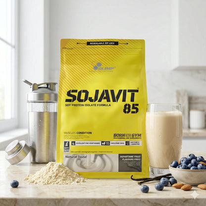 Veganes Olimp Sojavit Soja Protein mit 700g in Beutel, zeigt die Verpackung und Produktbeschreibung auf der Vorderseite