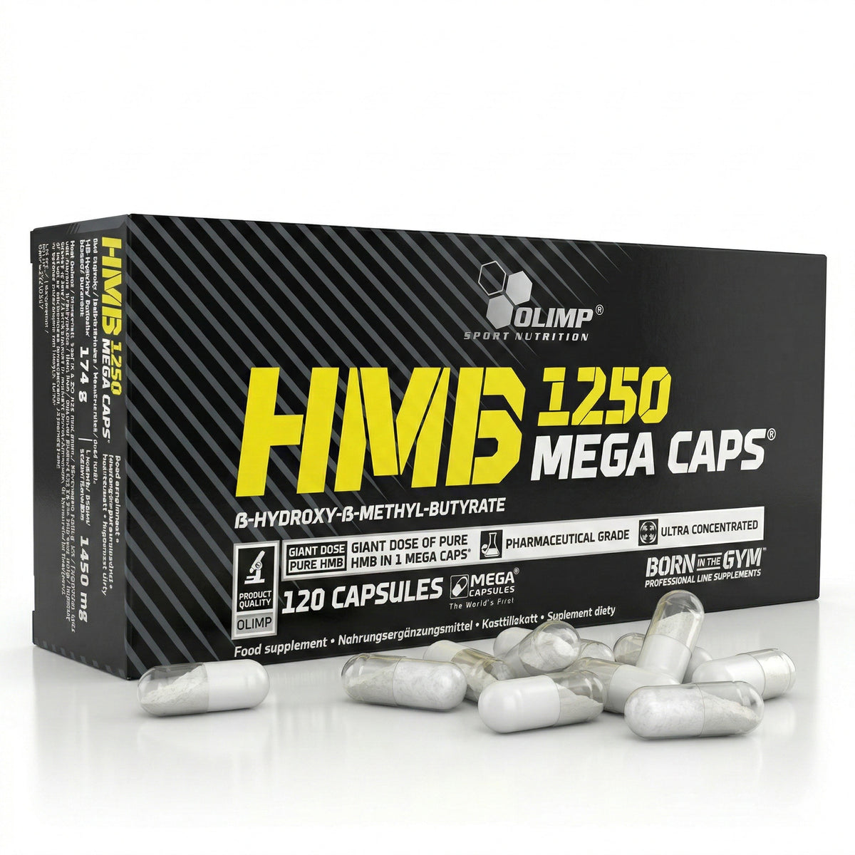 Olimp HMB Mega Caps 1250mg, 120 Mineralien-Kapseln, geöffnete Packung mit Kapseln auf weißem Hintergrund