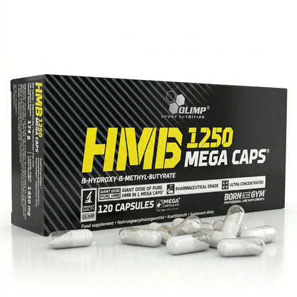 Olimp HMB Mega Caps 1250mg, 120 Mineralien-Kapseln, geöffnete Packung mit Kapseln auf weißem Hintergrund