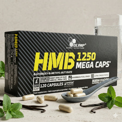 Olimp HMB Mega Caps 1250mg, Mineralien, 120 Kapseln, Nahaufnahme der schwarzen Kapseln in einer Verpackung