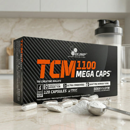 Olimp TCM Mega Caps Creatine in 120 Kapseln, praktische Tabletten für Muskelaufbau und Leistung, sichtbare Kapseln in der Dose