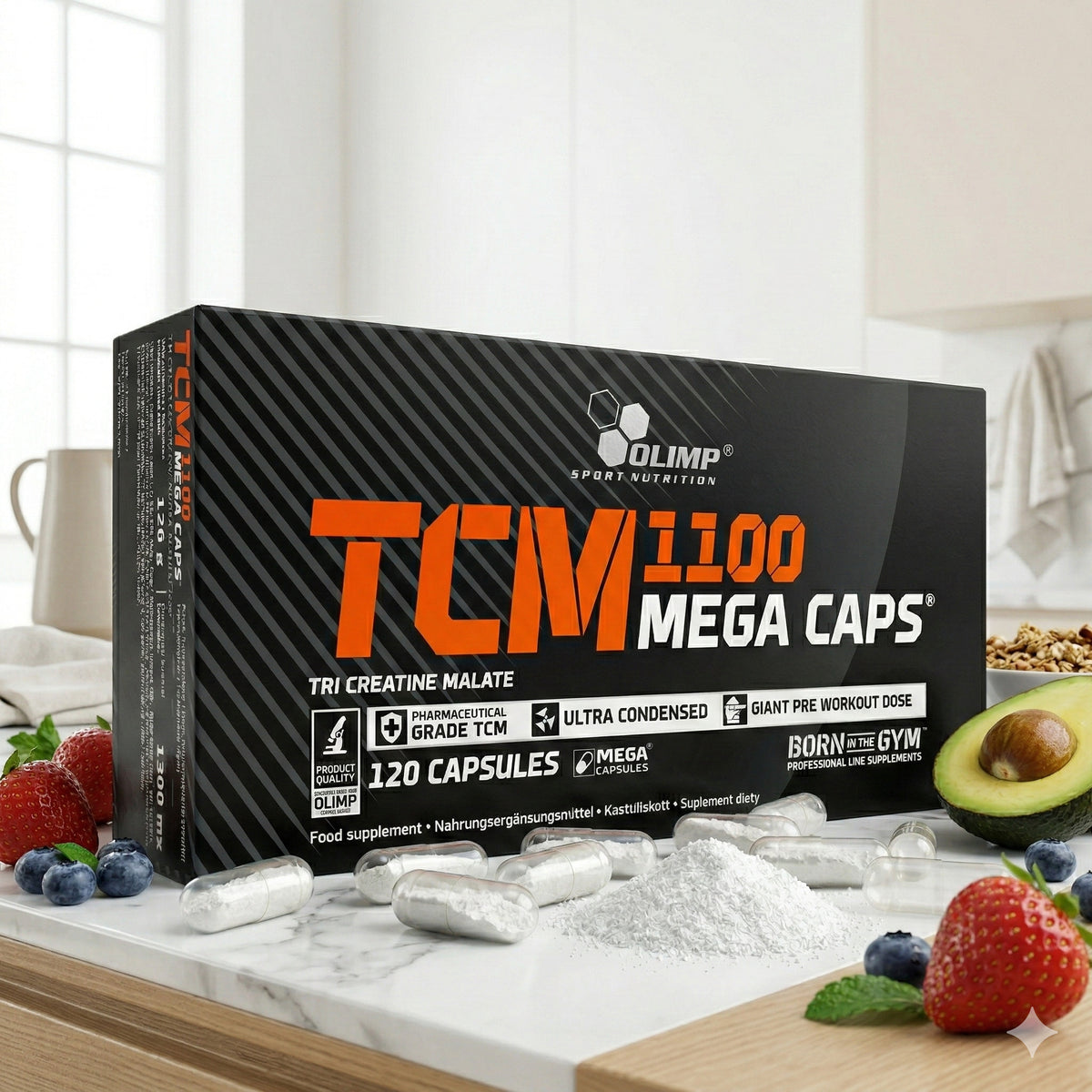 Olimp TCM Mega Caps Creatine in Kapseln, rote und weiße Tabletten in einer blauen Verpackung, für Muskelkraft und Leistung