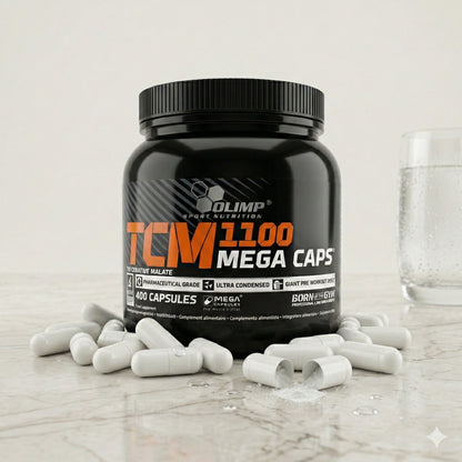 Olimp TCM Mega Caps Creatine Kapseln, weiße Tabletten in einer geöffneten Packung, für Muskelkraft und Leistungssteigerung