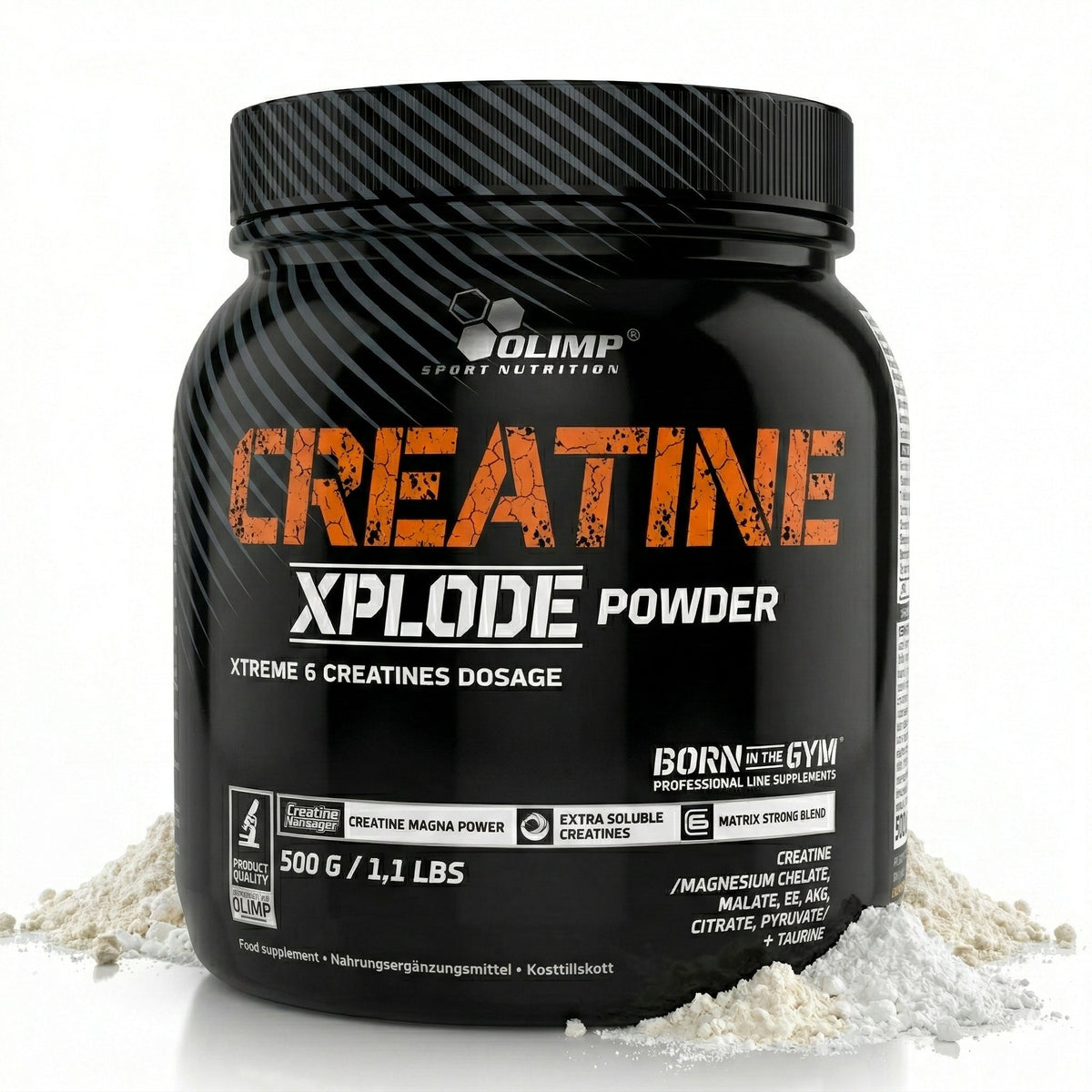 Olimp Creatine Xplode Pulver in 500g Packung, weißes Kreatinpulver für Muskelaufbau und Energie, auf weißem Hintergrund.