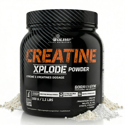 Olimp Creatine Xplode Pulver in 500g Packung, weißes Kreatinpulver für Muskelaufbau und Energie, auf weißem Hintergrund.