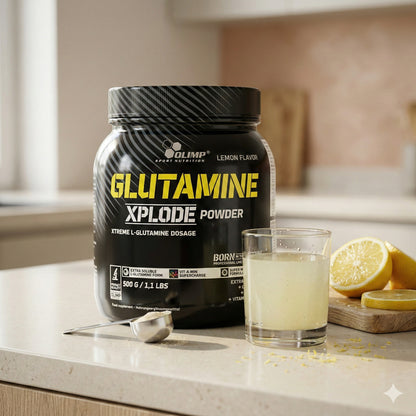 Olimp Glutamine Xplode Pulver in verschiedenen Geschmacksrichtungen, BCAA und L-Glutamin, in einer transparenten Verpackung
