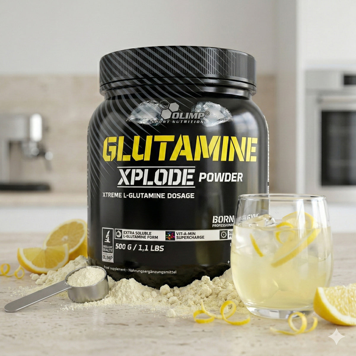 Olimp Glutamine Xplode Pulver in verschiedenen Geschmacksrichtungen, BCAA und L-Glutamin, in 500g Verpackung, sportliches Design