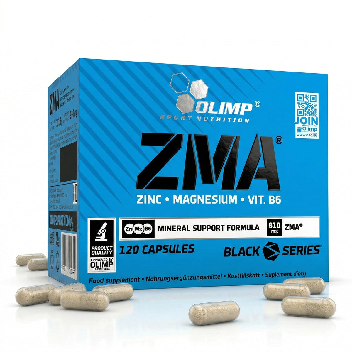 Olimp ZMA Kapseln in transparenter Kapsel-Form vor einer blauen Packung mit Aufschrift zu Zink, Magnesium und Vitamin B6, mehrere Kapseln liegen lose auf weißem Untergrund.