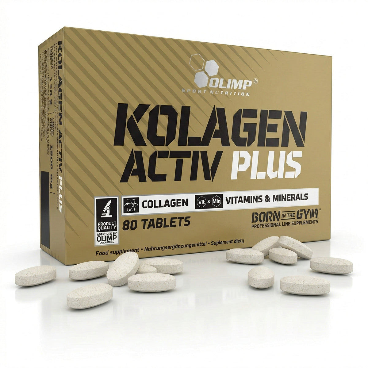 olimp kolagen activ plus Packung mit Tabletten, mehrere tablettenförmige Kapseln liegen vor der goldenen Verpackung auf weißem Untergrund