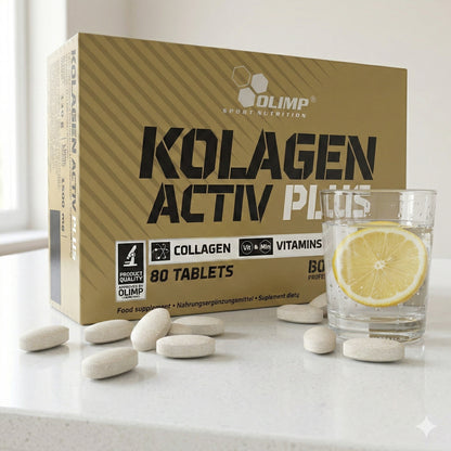olimp kolagen activ plus Packung mit verstreuten Tabletten und einem Glas Wasser mit Zitronenscheibe auf einer hellen Oberfläche