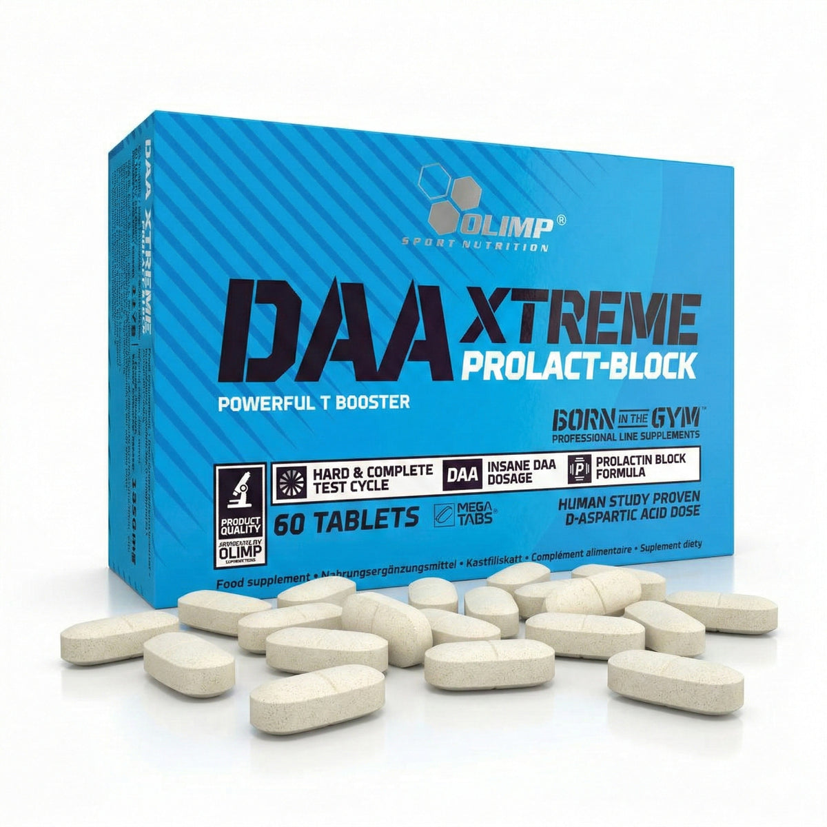 Olimp DAA Xtreme Packung mit Tabletten, mehrere Amino Tabletten liegen vor der blauen Verpackung auf weißem Untergrund.