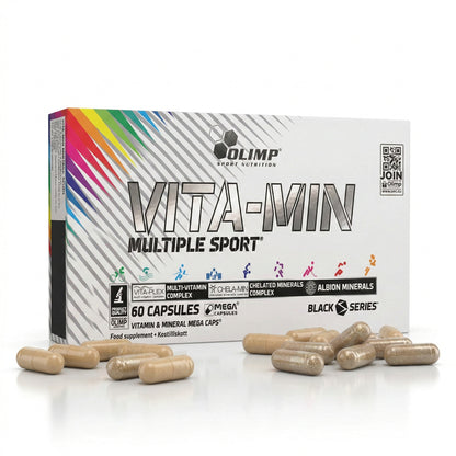 Olimp Vita-Min Multiple Sport Vitaminenkapseln in einer offenen Packung mit 60 Kapseln, für sportliche Ernährung und Gesundheit