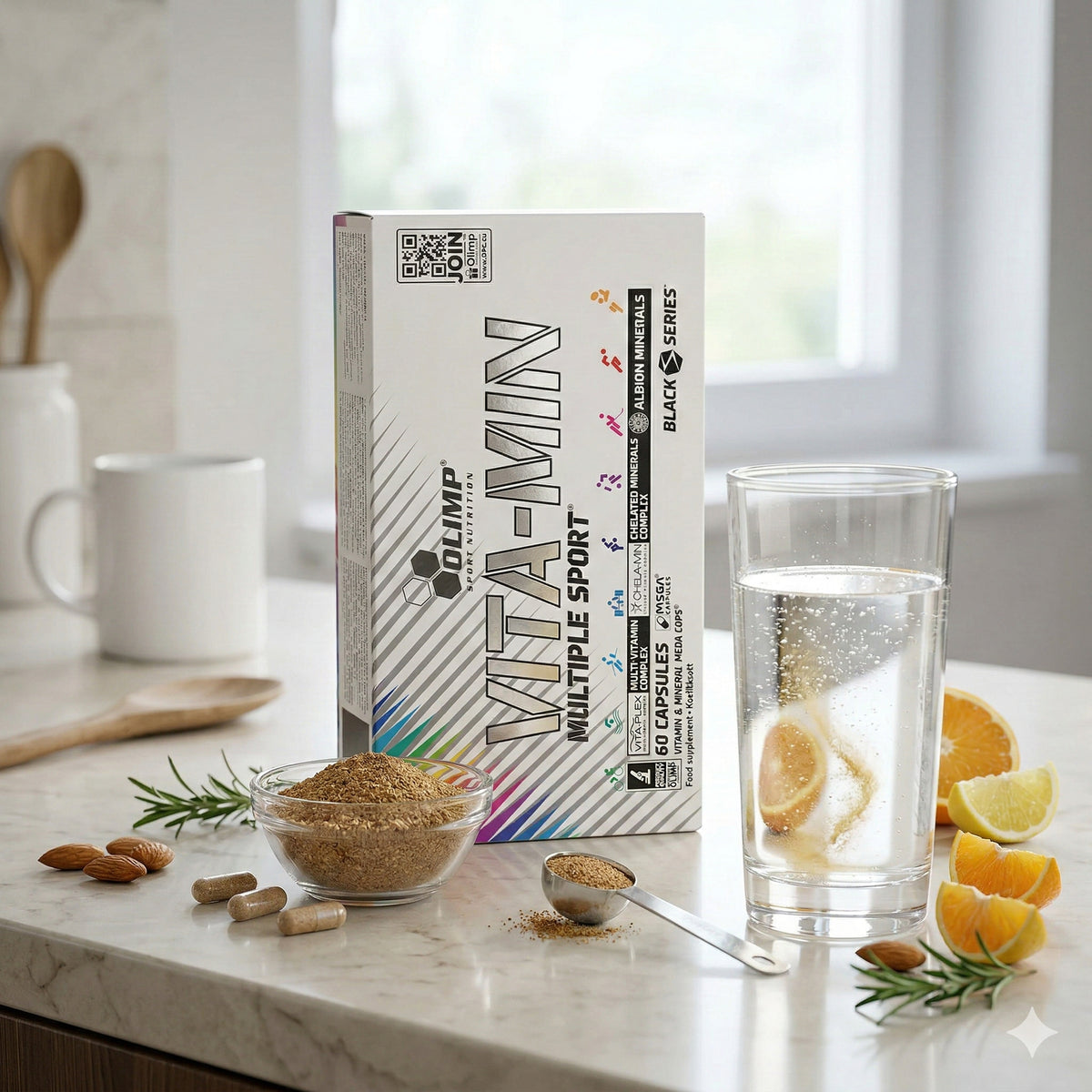 Olimp Vita-Min Multiple Sport Vitamine in 60 Kapseln, multivitaminreiche Nahrungsergänzung für Sportler, gezeigt in der Verpackung