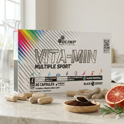 Olimp Vita-Min Multiple Sport Vitamine in 60 Kapseln, natürliche Nahrungsergänzung für Sportler, gelbe Kapseln auf weißem Hintergrund