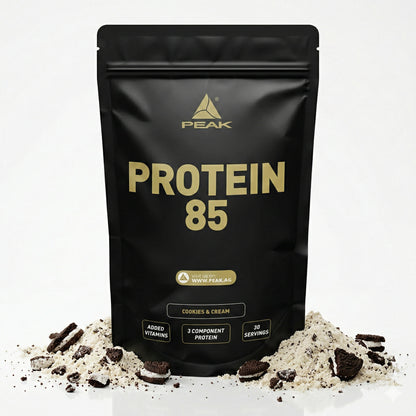 Muskelaufbau-Protein von Peak, Peak Protein 85 Plus, in verschiedenen Geschmacksrichtungen, 900g, cremige Konsistenz, sportliche Verpackung