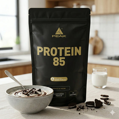 Molkenprotein Peak Protein 85 Plus in verschiedenen Geschmacksrichtungen, ideal für Muskelaufbau, in 900g Packung.