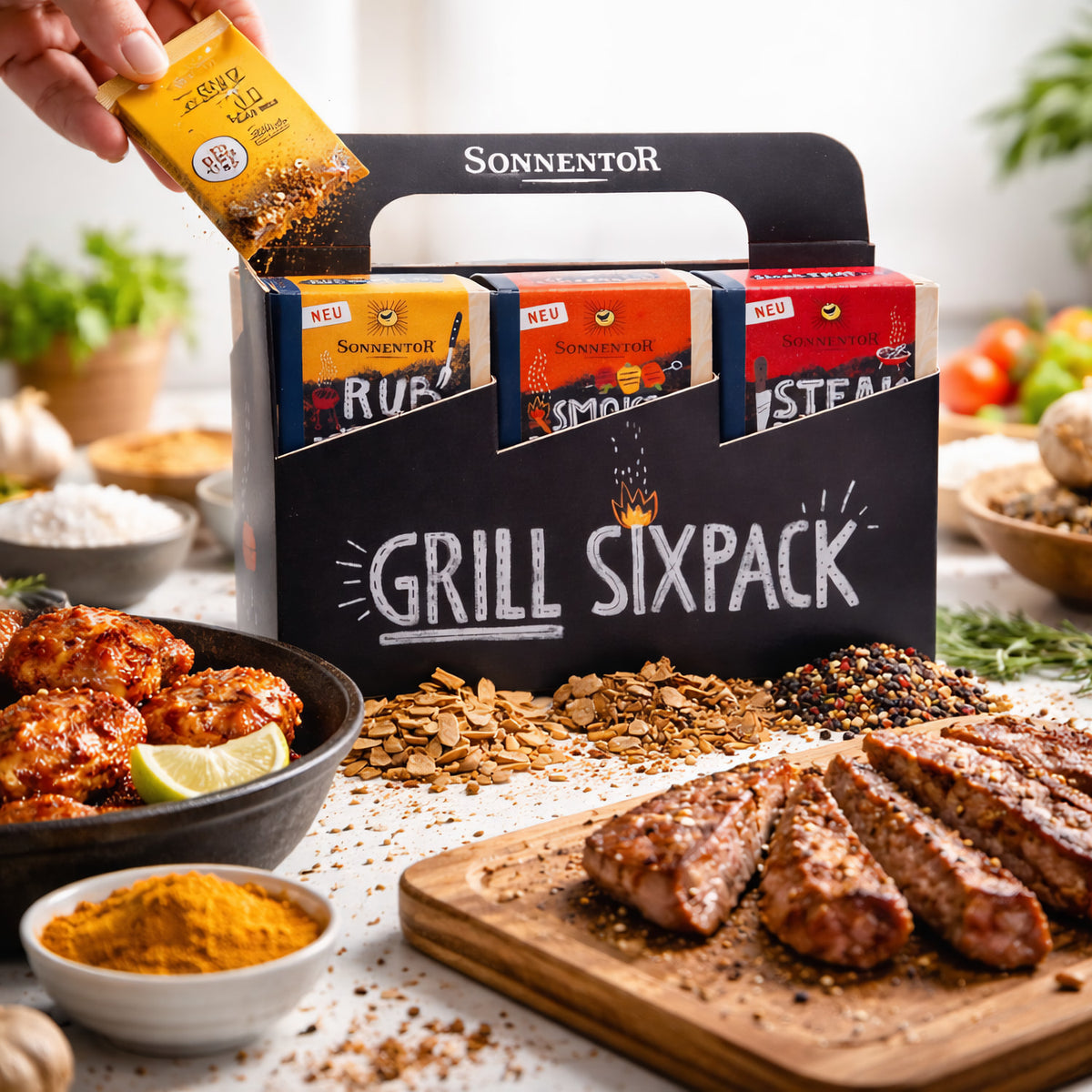Sonnentor Grill Sixpack Gewürzset auf einem Tisch mit Grillfleisch, Gewürzen und einer Hand, die ein Kräuterpäckchen entnimmt.