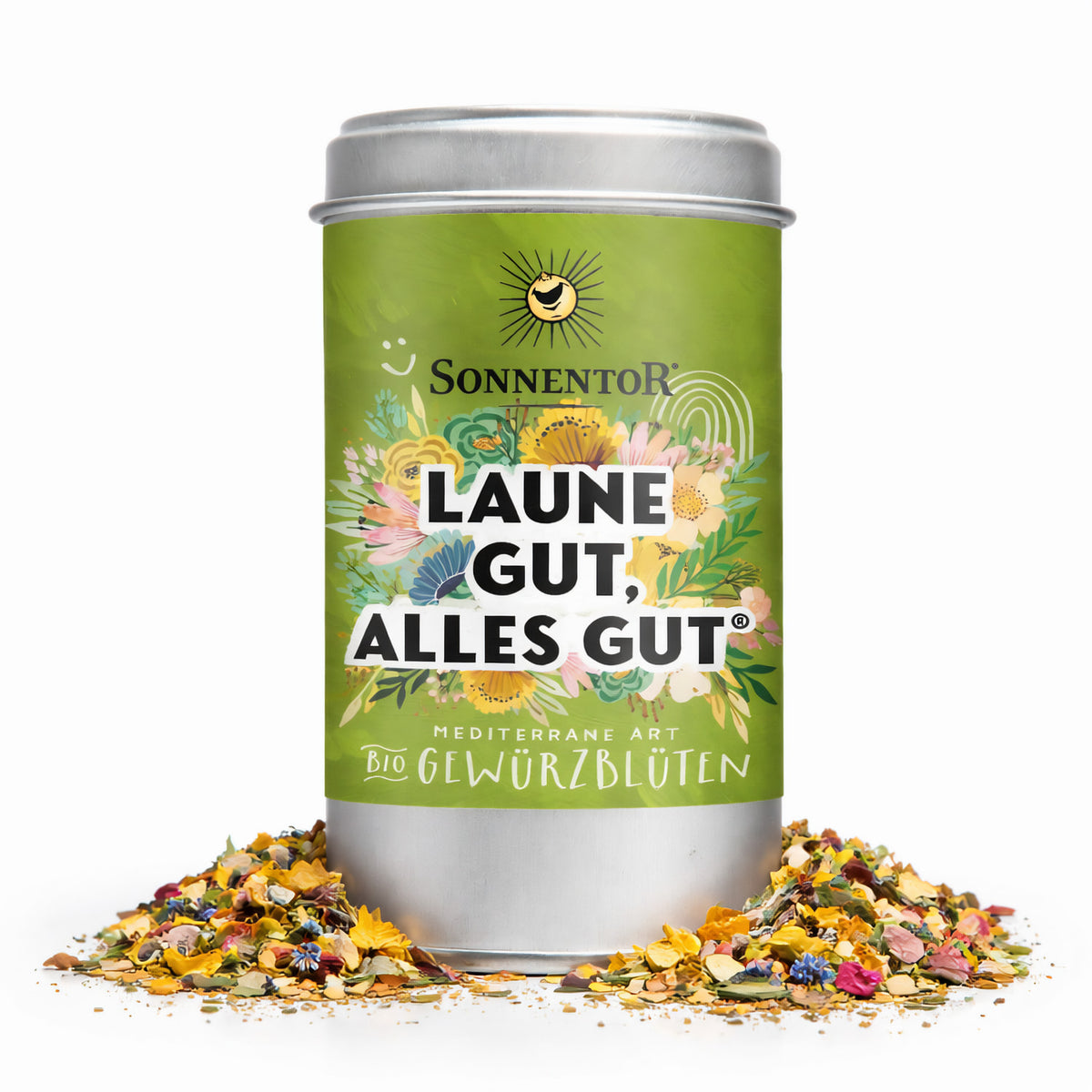 Dose Sonnentor Laune gut, alles gut Gewürzblüten mit verstreuten Gewürzblüten vor der Dose auf weißem Hintergrund.