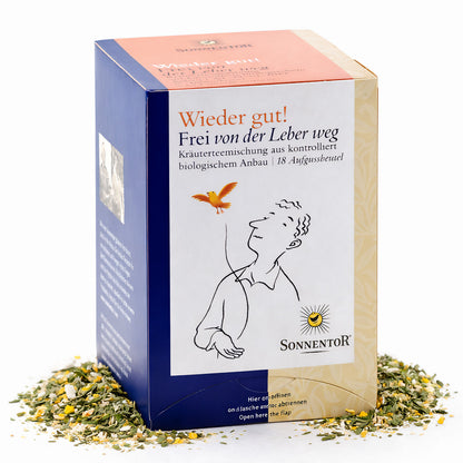Packung Sonnentor Tee Frei von der Leber weg 6x27g, umgeben von losem Kräutertee auf weißem Hintergrund